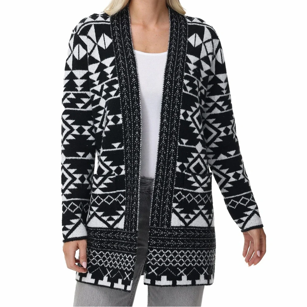 Frye Women's Patterned Cardigan BLACK WHITE Open Front Soft Cozy Pockets XXL 20